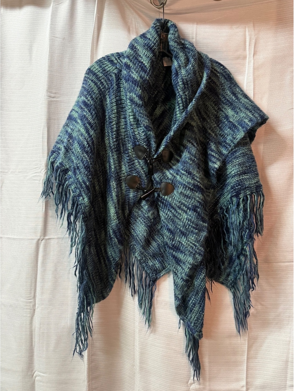Blue and Green Knit Shawl with Fringe and Toggle Closure